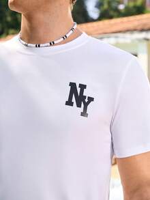 Manfinity Homme 男士字母印花圆领休闲夏季短袖T恤 - 白色 - 查看 3