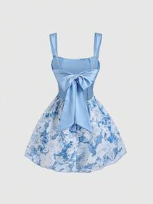 Sweetra 女士新款时尚优雅印花撞色拼接缎面露背系带方领修身无袖连衣裙，适合上学、毕业典礼、度假、派对和日常穿着。 - 藍色 - 查看 1