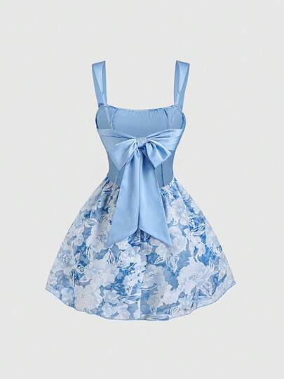 Sweetra 女士新款时尚优雅印花撞色拼接缎面露背系带方领修身无袖连衣裙，适合上学、毕业典礼、度假、派对和日常穿着。