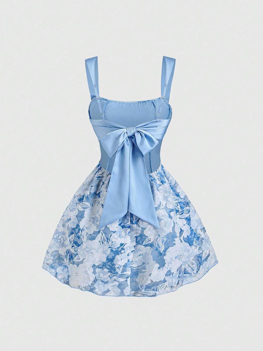 Sweetra 女士新款时尚优雅印花撞色拼接缎面露背系带方领修身无袖连衣裙，适合上学、毕业典礼、度假、派对和日常穿着。 - 藍色 - 查看 1
