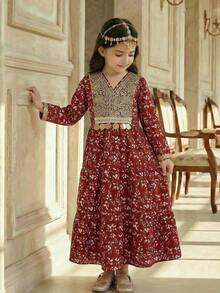 SHEIN Young Girl's Burgundy & Magenta Rose Contrast Collar Floral Pendant Tassel Folk Style Vacation Dress - Red - View 2