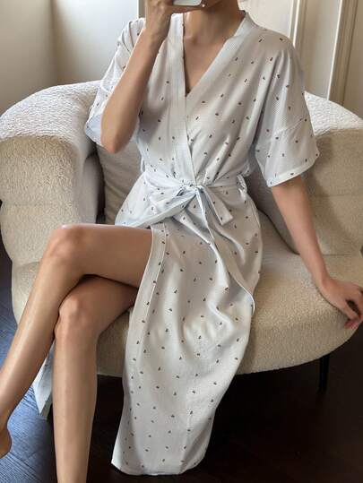 SHEIN Napfluff رداء صيفي للنساء مزين بخطوط وطباعة الكرز مع ربطة الخصر