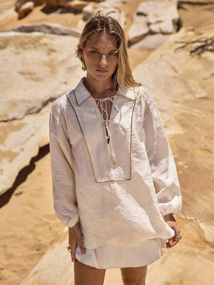 MOTF STUDIO WOMEN'S TENCEL LINEN PATCHWORK TIE-FRONT LOOSE SHIRT, SPRING/SUMMER