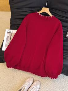 GlowEve CURVE 大码V领针织开衫外套，灯笼袖，纽扣开襟，秋冬款 - 紅色 - 查看 2