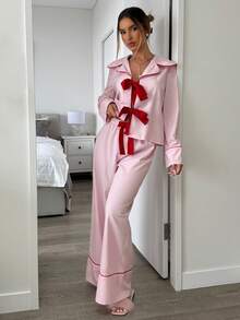 Aloruh Bộ đồ ngủ 2 món thường ngày thu/đông mới dành cho nữ, áo sơ mi hồng cổ bẻ viền tương phản, quần hồng rộng rãi, phù hợp cho Giáng sinh & Ngày lễ tình nhân - Hồng - Xem 5