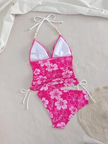 Swim Vcay Ladies Beach Music Festival Spring/Summer Flower Pattern Beaded Drawstring Ruched Neck Hanging Elegant Ladies Tankini Swimsuit Two Pieces Set - Multicolor - View 2