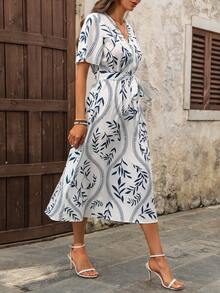 EMERY ROSE 女士休闲度假植物印花短袖连衣裙 - 藍白色 - 查看 4