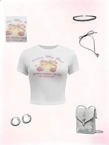 Rina Fox Women's Slogan & Cherry Print Round Neck Short Sleeve Cropped T-Shirt - White - View 4