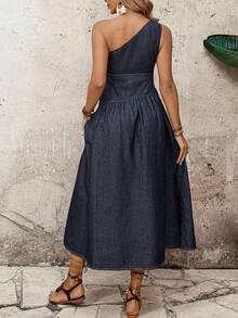 EMERY ROSE Women's Vacation Sleeveless Ruched Casual Denim Dress,Valentine's Day,Summer,Carnival,Beach,Party,Elegant Party Dress,Going Out,One Shoulder Dress,Cinched Waist A-Line Dress,Dark Wash Denim,French Style Denim Dress,French Chic,Quiet Luxury Dress,Office Chic Dress,Date Night Dress,Afternoon Tea Outfit,Feminine Chic,Spring Summer Dress,Vacation Dress,Weekend Outfit,One Shoulder Denim Dress,Dark Wash A-Line Denim Dress,French Cinched Waist Denim Dress,Elegant Denim Dress,Work To Date Denim Dress - Blue - View 2
