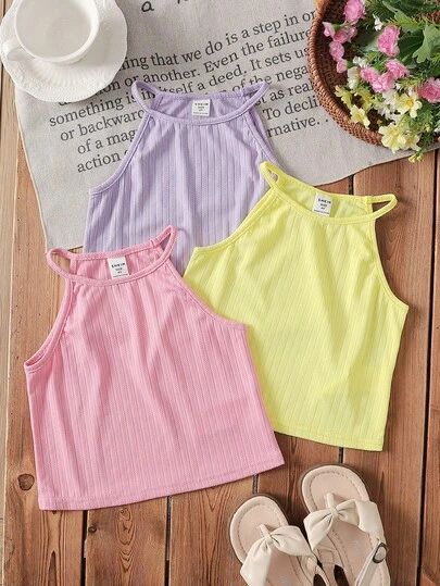 SHEIN 3pcs Set: Solid Color Knit Sleeveless Top & Striped Knit Sleeveless Top For Young Girls