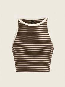 SHEIN BASICS Áo tank top nữ họa tiết kẻ sọc, kiểu dáng thường ngày, thích hợp cho mùa hè. - Màu nâu Sô-cô-la - Xem 7