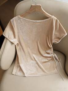 Resyla New Women's Satin V-Neck Ruched Cinched Waist Front Short Sleeve Blouse - Khaki - View 2