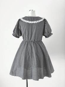 Sunspun 可爱甜美娃娃连衣裙，拼接爱心蕾丝边休闲短裙，夏季 - 黑與白 - 查看 2