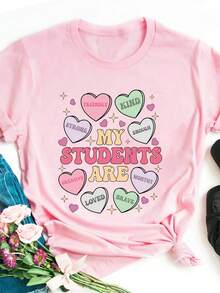 EMERY ROSE Camiseta gráfica de manga corta con cuello redondo y estampado de corazón y letras para mujer de talla grande, casual vintage para uso diario, primavera y otoño - Rosa - Ver 3