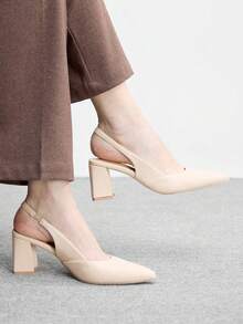 CUCCOO BIZCHIC Women's Fashion Black Open Back Pointed Toe Chunky Heels Pumps, Classic Minimalist Design For Commuting, Dating, Party, Holiday, Wedding Valentine's Day - Milk tea apricot - View 4