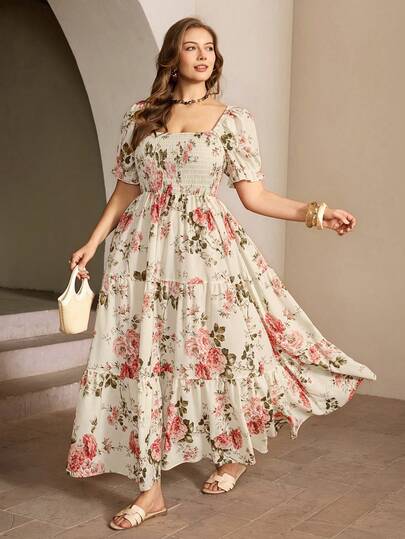 Roveilla Plus Size Women's Spring/Summer New Floral Print Square Neck Short Sleeve Belted A-Line Dress Summer Dresses For Women Floral Women Dresses Floral Gown Milkmaid Dress Cottagecore Dress