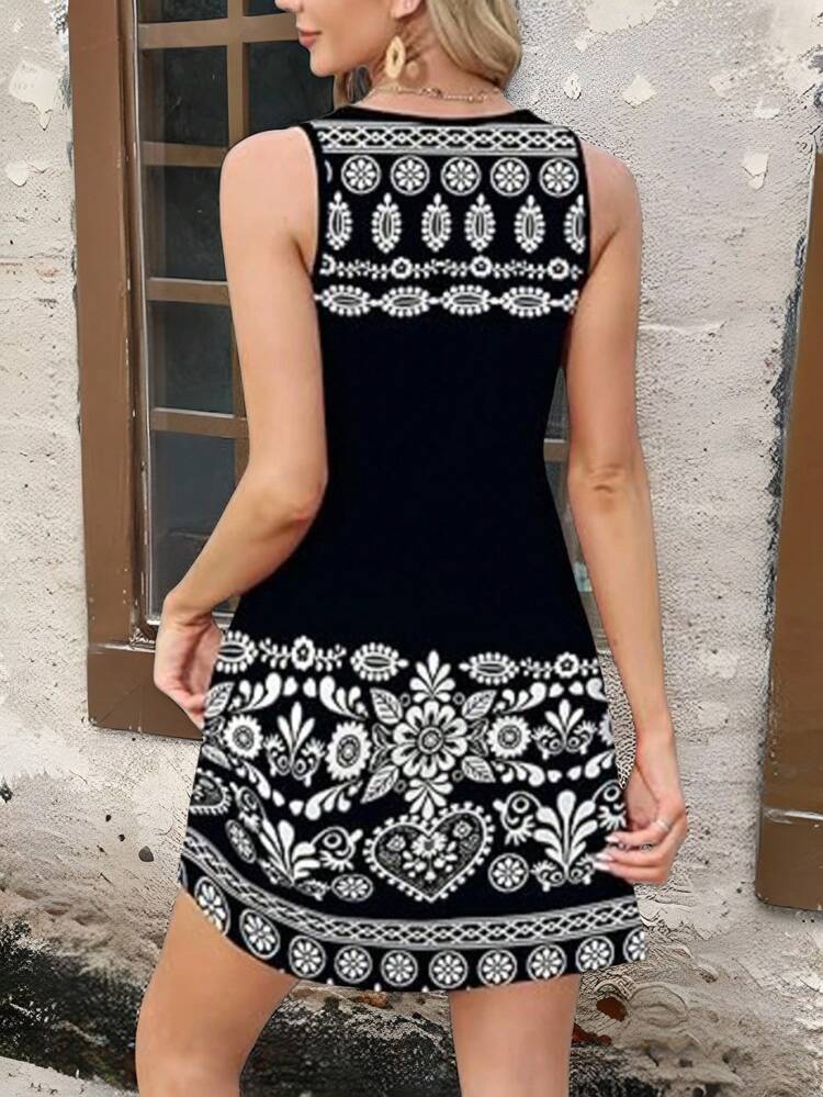 女士夏季无袖碎花连衣裙，圆领吊带沙滩波西米亚风连衣裙 - 彩色 - 查看 2