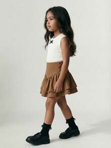 Maija Kids Maija Kids Young Girl Casual Double-Layered Skirt With Ruffle Hem & Side Tie, Great For Casual & Daily Wear & School Daily In Autumn & Winter, Mom And Daughter Matching,Sister And Me Matching - Coffee Brown - View 5