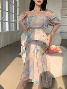 DAZY 女士优雅印花长连衣裙，方领设计，夏季款 - 粉色 - 查看 7