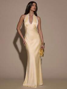 SHEIN BAE 优雅缎面连衣裙，V领蕾丝边无袖鸡尾酒会礼服，正式场合伴娘礼服，生日迷你裙，黄色缎面长裙，适合圣诞节、鸡尾酒会、商务休闲场合 - 淡黃色 - 查看 6