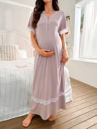 SHEIN Contrast Color Ruffle V-Neck Button Down Short Sleeve Loose Maternity Long Nightgown