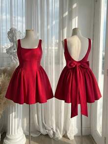 SHEIN MOD 大码优雅纯色蝴蝶结装饰露背无袖连衣裙，夏季 - 紅色 - 查看 7