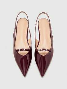 CUCCOO BIZCHIC Women's Burgundy Patent Leather Pointed Toe Backless Strap Comfortable Simple Rhinestone Decor Flat Slip-On Shoes, Suitable For Work Valentine's Day - Burgundy - View 2