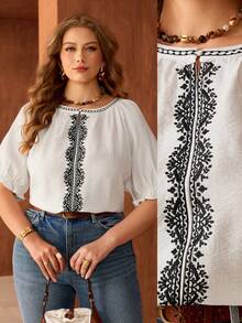 Roveilla Plus Size Women's Spring/Summer French Romantic Sicily Elegant Casual Commute Bohemian Vacation Round Neck Raglan Sleeve Elastic Cuff Ruffle Collar Embroidered Front Short Sleeve Blouse - White - View 1