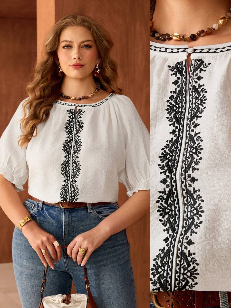 Roveilla Plus Size Women's Spring/Summer French Romantic Sicily Elegant Casual Commute Bohemian Vacation Round Neck Raglan Sleeve Elastic Cuff Ruffle Collar Embroidered Front Short Sleeve Blouse - White - View 1