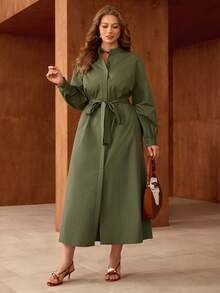 Roveilla 女士优雅法式束腰翻领长袖连衣裙，适合通勤、度假、浪漫下午茶等场合 - 軍綠色 - 查看 3