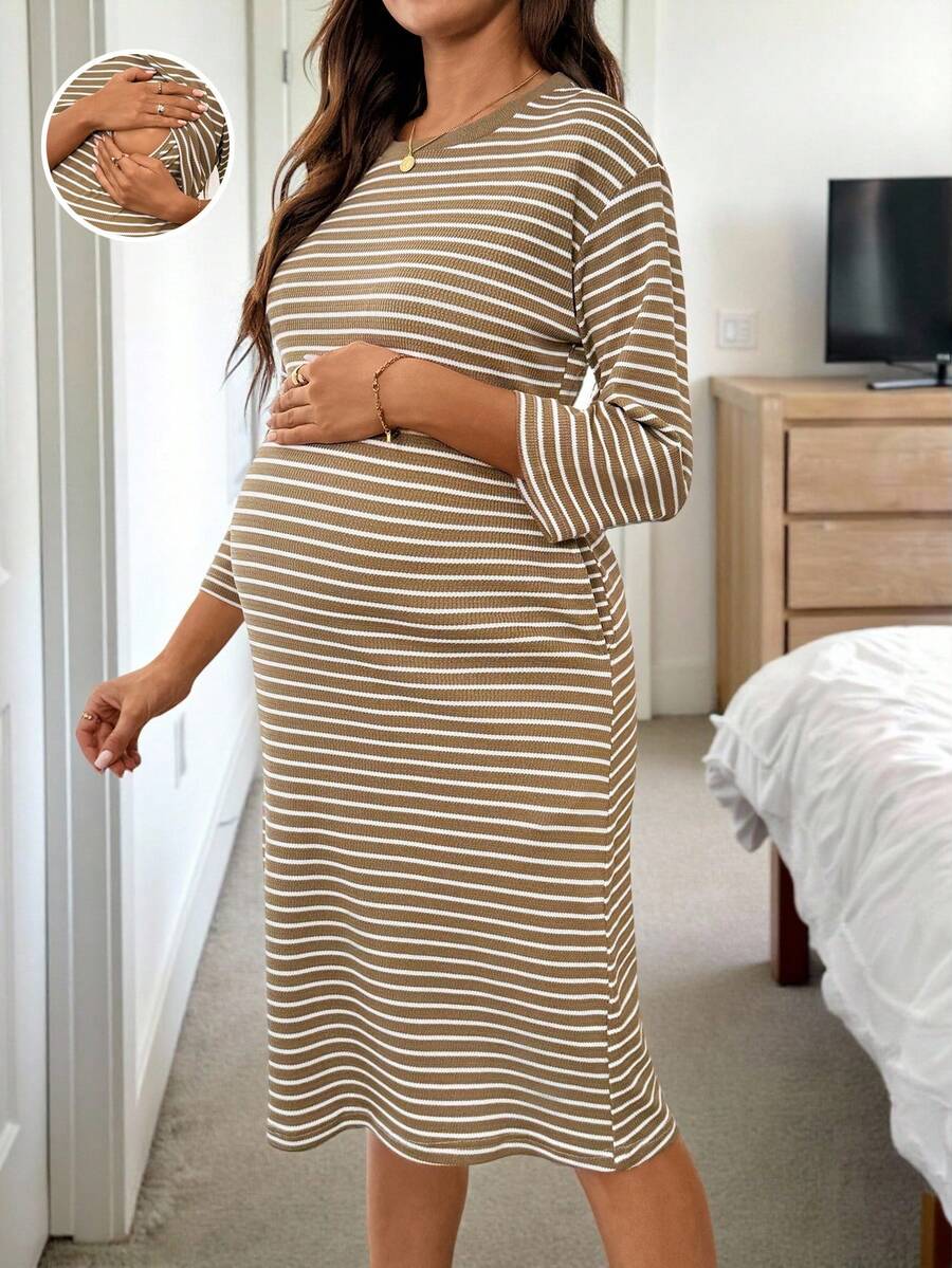 SHEIN 孕婦條紋圓領落肩口袋休閒哺乳洋裝,居家服,柔軟休閒長袖洋裝,曲線剪裁 - 藍色 - 查看 1