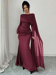 Elenzga Asymmetric Cape Collar Swing Waist Pleated Metal Decor A-Line Elegant Romantic Sophisticated Women's Dress, Velvet Fabric, Autumn/Winter - Burgundy - View 6