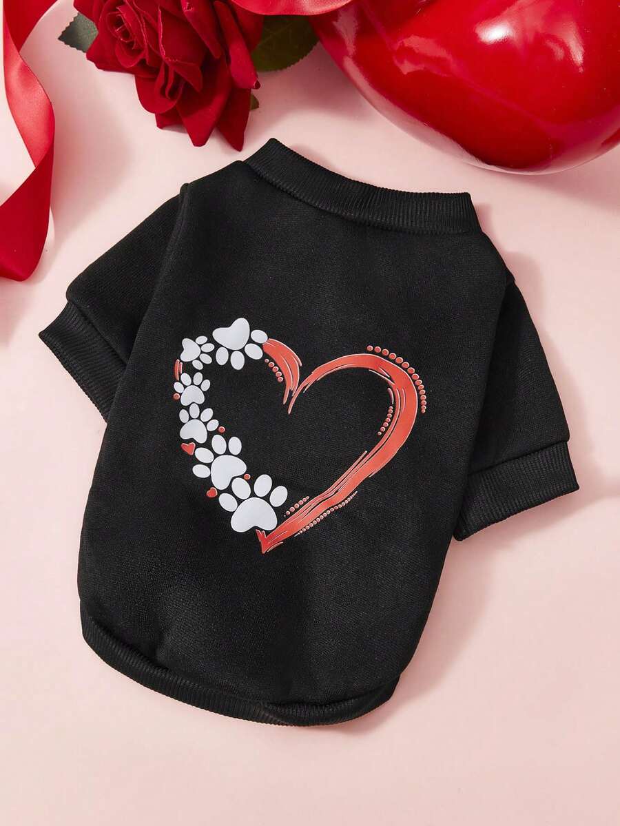 PETSIN 1件 脚印爱心情人节印花宠物黑色运动风加厚保暖春秋季宠物服装 - 黑色 - 查看 1