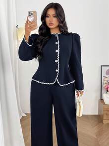 Firerie Bộ đồ đôi 2 mảnh dành cho nữ cỡ lớn, phong cách thường ngày thanh lịch, tối giản, đa năng, gồm áo tay dài và quần ống rộng, thích hợp cho kỳ nghỉ, mùa xuân/thu. - Màu xanh hải quân - Xem 8