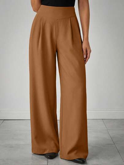 EURMUSE Women Solid Color Pleated Detailed Wide Leg Pants