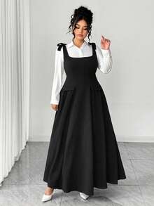 Elenzga 大码女士优雅黑色系带吊带纹理面料背带裙，搭配酒红色优雅大码女士套装，适合办公室通勤、春夏毕业典礼、节日、情人节、音乐节、母亲节、万圣节、感恩节、复活节、国庆节、舞会、约会派对、婚礼季、户外郊游等场合。 - 黑色 - 查看 7