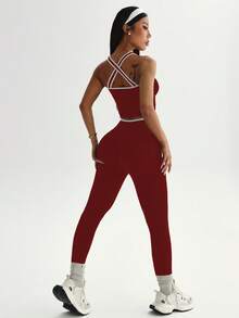 Dewbera Bộ đồ tập yoga liền mạch dành cho nữ, áo vest phối màu tương phản và quần legging bó sát với viền tương phản ở eo. - Màu Đỏ Sâu - Xem 2