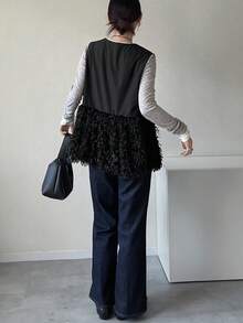 FRIFUL Áo tank top nữ màu đen không tay, phối vải lông xù, thiết kế xếp ly, dáng rộng thoải mái, đa năng, thích hợp mặc nhiều lớp vào mùa thu. - màu đen - Xem 2