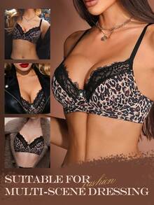 1pc Women's Underwire Bra With Leopard Print Lace Patchwork, Thin Cup - Multicolor - View 5
