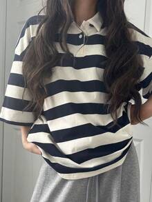 FRIFUL 95% Cotton Striped Polo Collar Drop Shoulder Short Sleeve Black & White Striped Loose Casual Versatile T-Shirt