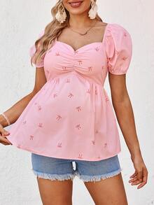 SHEIN Maternity Summer Casual Vacation Valentine's Day Bow Print Sweetheart Neck Ruffle Short Sleeve Babydoll Top