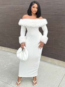 Alexandranx Apricot Off Shoulder Fuzzy Bodycon Long Sleeve Sweater Dress, Thermal Lined Thick Autumn/Winter Dress, Apricot Sexy Off Shoulder Maxi Dress, Date Night Dress, Birthday Dress, Nightclub Party Dress, Suitable For Halloween, Christmas, Date Party, Elegant Printed Dress - Apricot - View 1