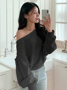 DAZY 女士纯色不对称领宽松长袖T恤 - 深灰色 - 查看 3