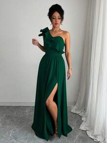 Nuevo vestido negro asimétrico sexy con hombro plisado, recorte hueco y abertura alta, adecuado para vacaciones, citas y fiestas en verano - Verde - Ver 2