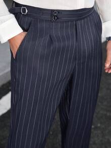 Manfinity Bizformal 男士条纹纽扣休闲百搭通勤商务裤 - 藏蓝色 - 查看 6