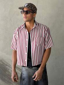 STEELVANCE 男士条纹纽扣领短袖衬衫，休闲翻领衬衫，适合上学、工作、街头穿着 - 紅色 - 查看 2