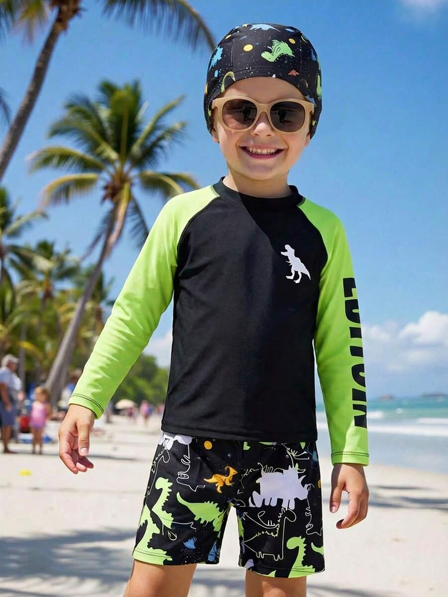 SHEIN Bộ 3 món đồ bơi họa tiết khủng long dễ thương cho bé trai tuổi teen, đi biển, vui chơi, nghỉ dưỡng, tắm suối nước nóng, thích hợp cho các mùa xuân, hạ, thu, đông
