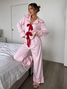 Aloruh Bộ đồ ngủ 2 món thường ngày thu/đông mới dành cho nữ, áo sơ mi hồng cổ bẻ viền tương phản, quần hồng rộng rãi, phù hợp cho Giáng sinh & Ngày lễ tình nhân - Hồng - Xem 4