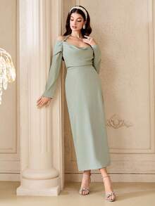 Modelyn 优雅的深V领女式连衣裙 - 灰綠 - 查看 6