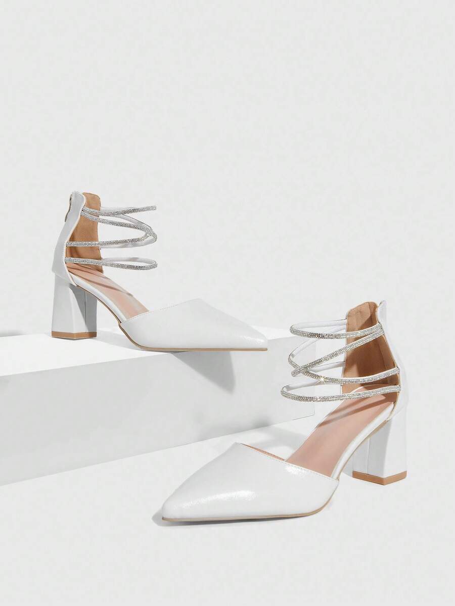 CUCCOO SZL Women's Fashion Black Crystal Embellished Criss-Cross Strap Pointed Toe Chunky High Heel Slip-On Pumps, Convenient For Commuting, Dating, Party, Holiday, Wedding Valentine's Day - Chantilly - View 1